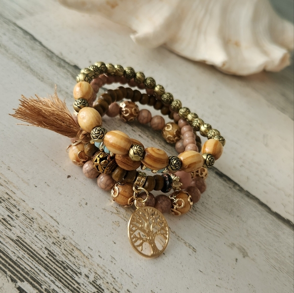 Jewelry - NEW Set of Four Boho Stackable Bracelets - Tree of Life - Brown